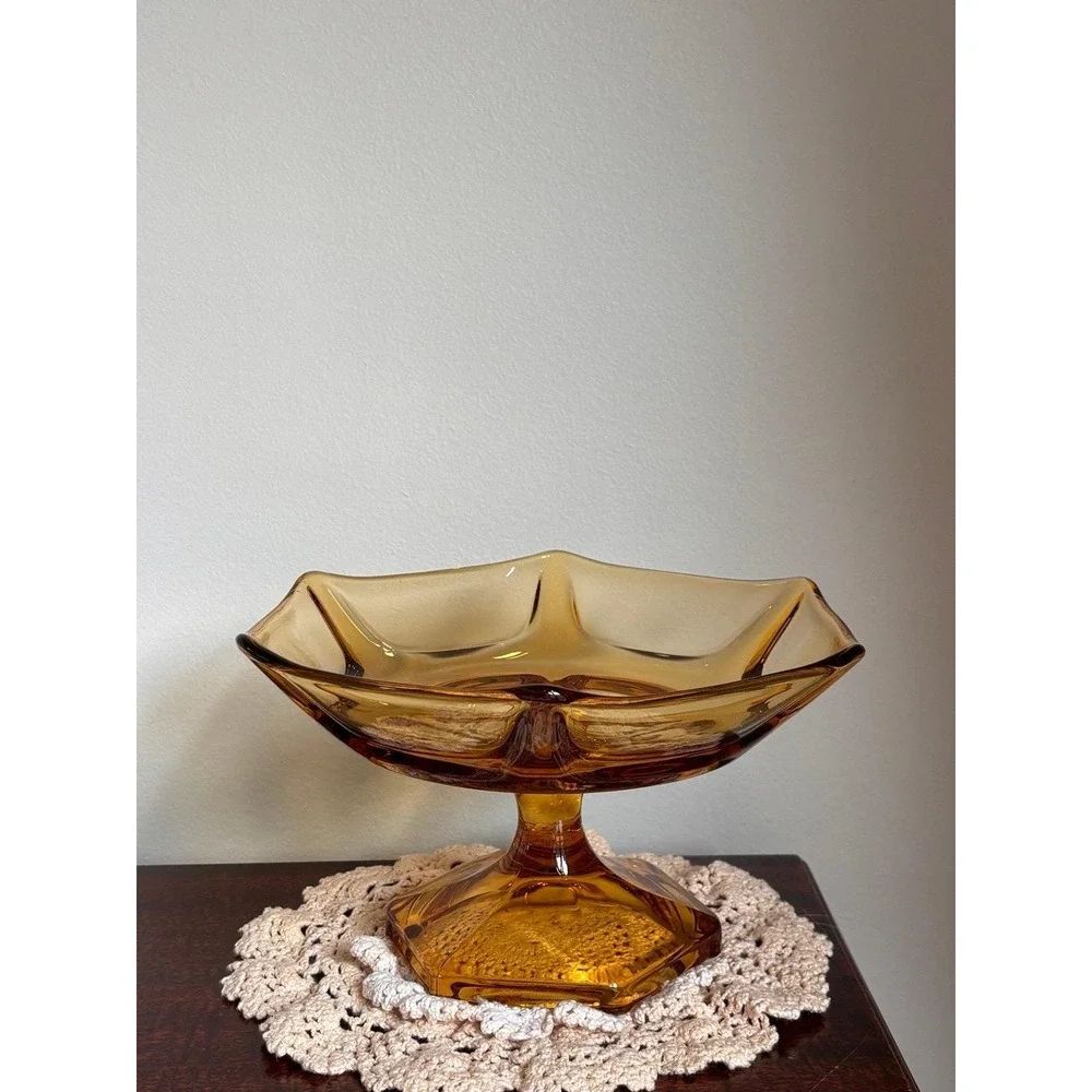 Vintage Viking Glass Epic 6-Petal Footed Compote Bowl, amber, gorgeous condition - Picture 3 of 8